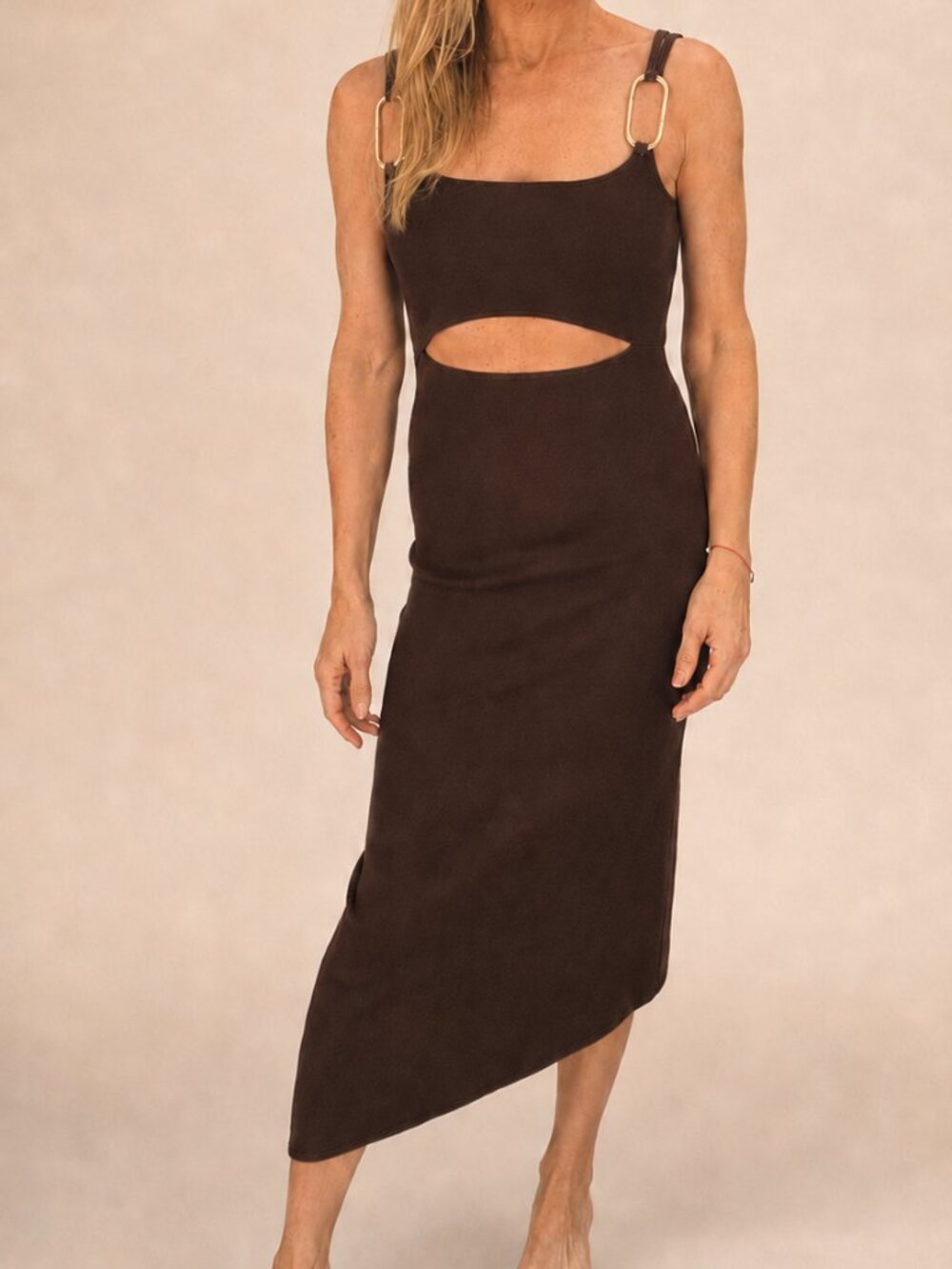 NWT Caroline Constas Brown Ribbed Cutout Midi Dress S